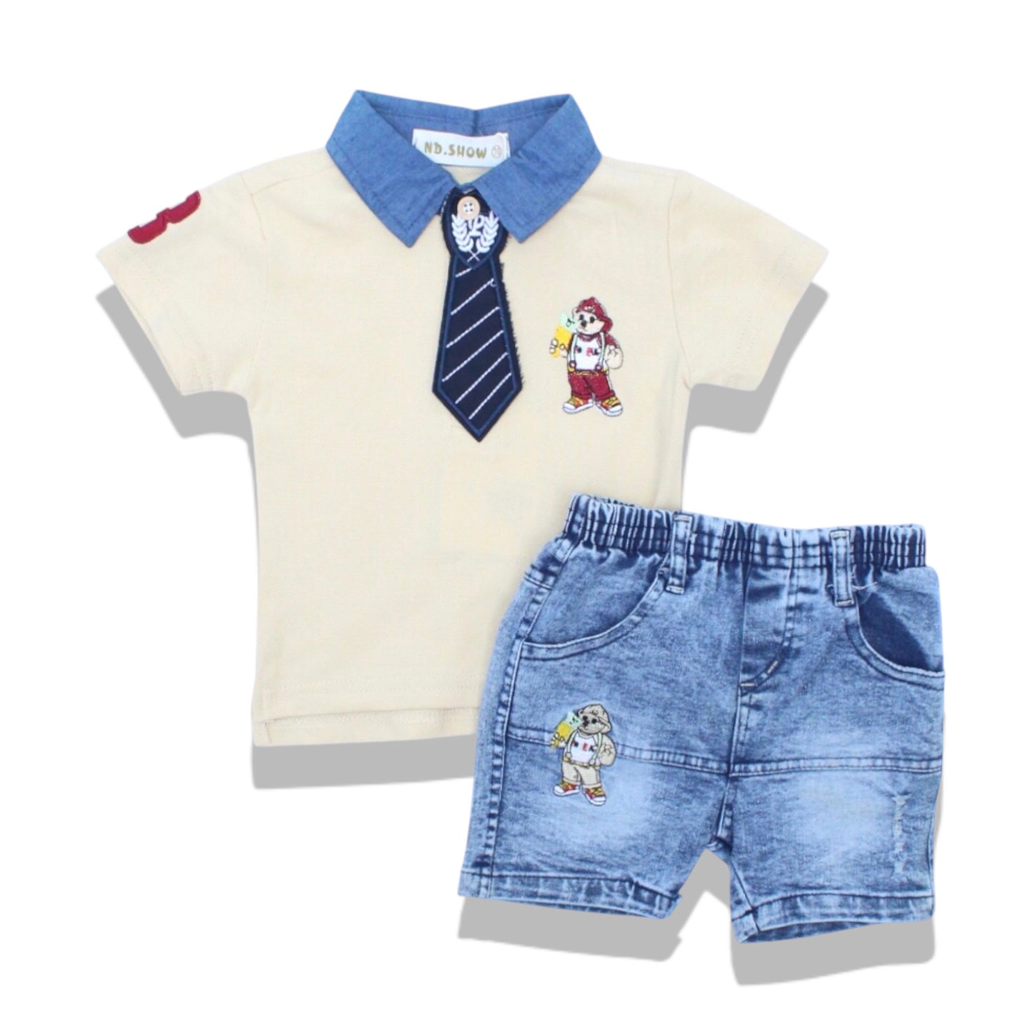 Boys 2 Pcs T-Shirt & Denim Short Set - Beiges Bear