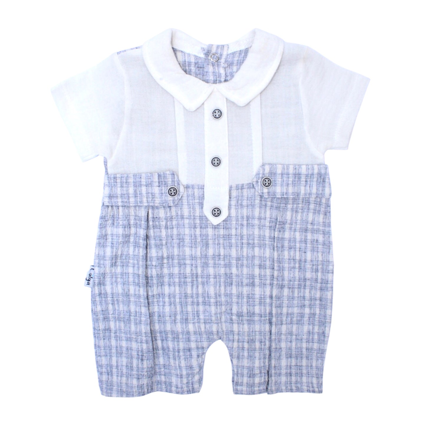 Lulya Baby Cotton Romper With Checks Detailing - Grey