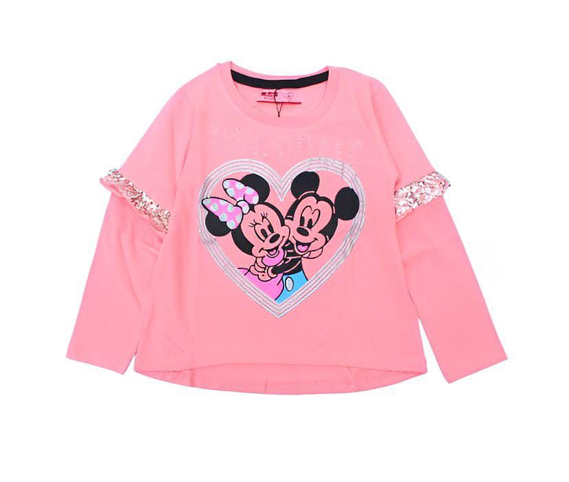 Girls Top With Frill Detaling On Sleeves - Pink Mickey & Minnie