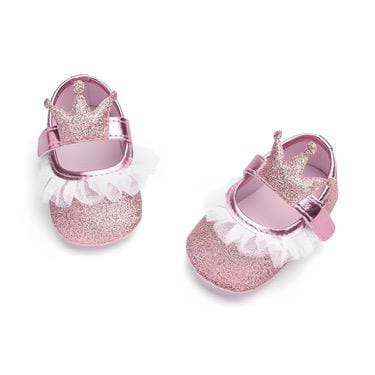 Pink Glittery Pre-walking Shoes With Crown & Frill Detailing