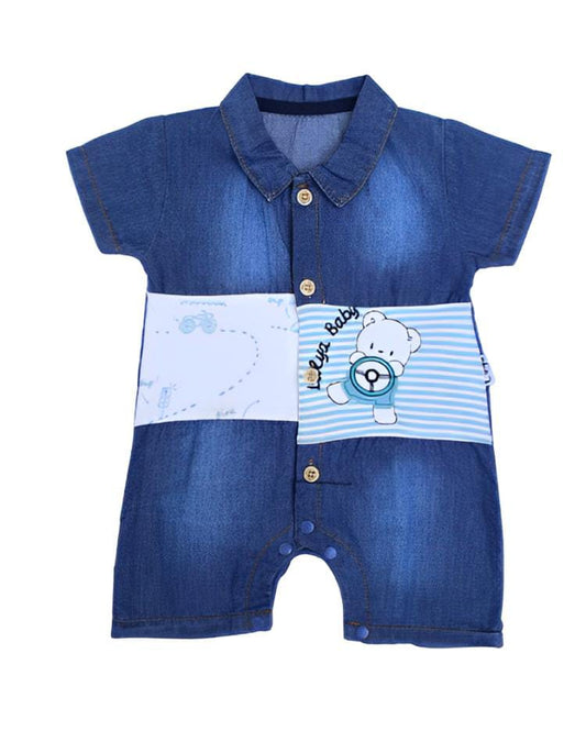 Lulya Baby Denim Button Down Romper -Bear