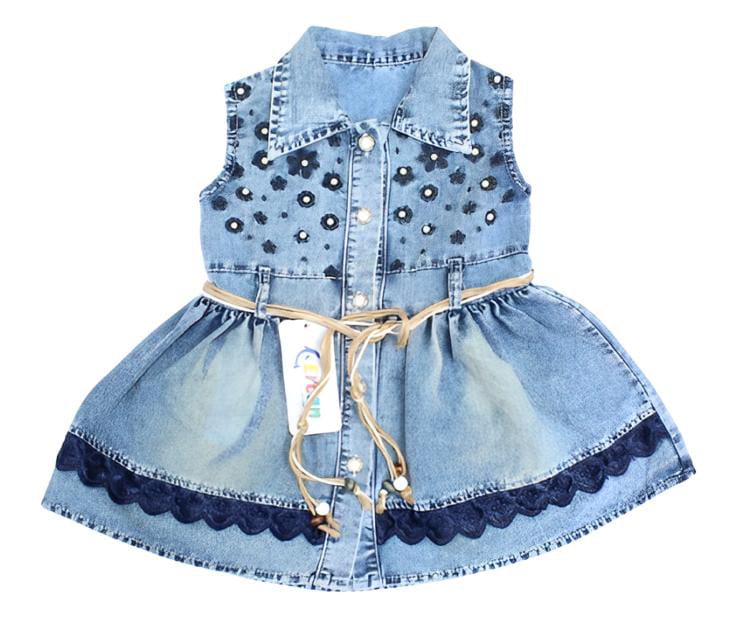 Ercan Baby Denim Frock With Embroided Flower & Pearl