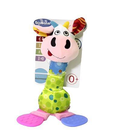 Squeaker Baby Hand Rattle With Attached Teether - Cow