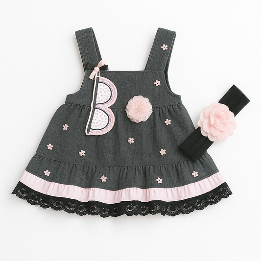 Fekra Baby 2 Pcs Frock & Headband Set With Detachable Glasses Broche -Black