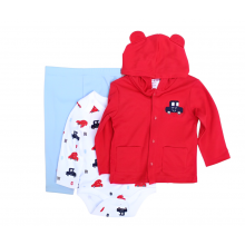 WonderChild 3 Pcs Hooded ButtonDown Upper, Bodysuit & Trouser Set -Cars