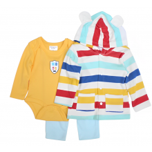 WonderChild 3 Pcs Hooded ButtonDown Upper, Bodysuit & Trouser Set -Striped