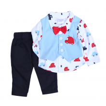 Wonder Child 2 Pcs Attached Waist Coat Shirt & Trouser Set -Cars